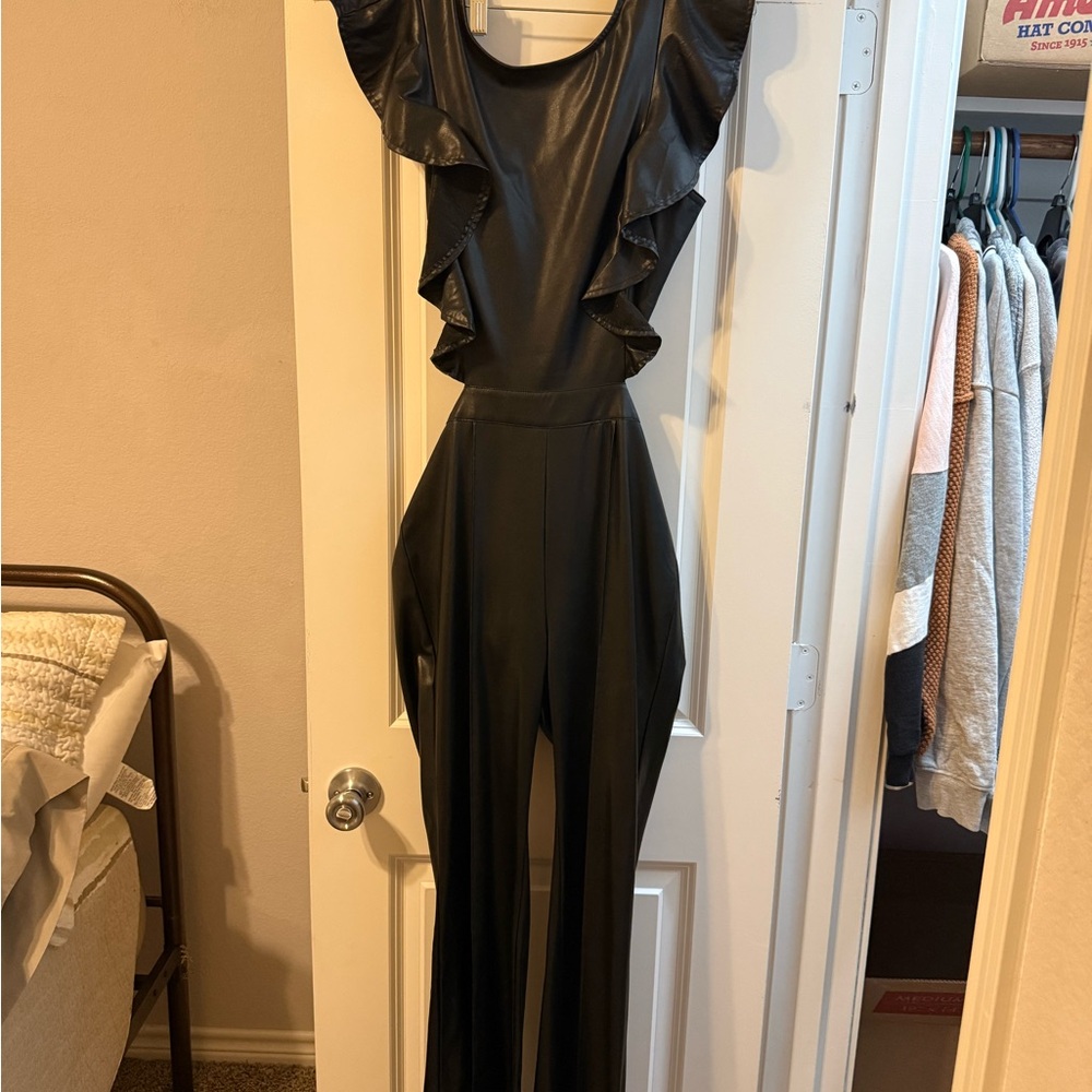 Flying Tomato Faux Leather Black Ruffle Jumpsuit